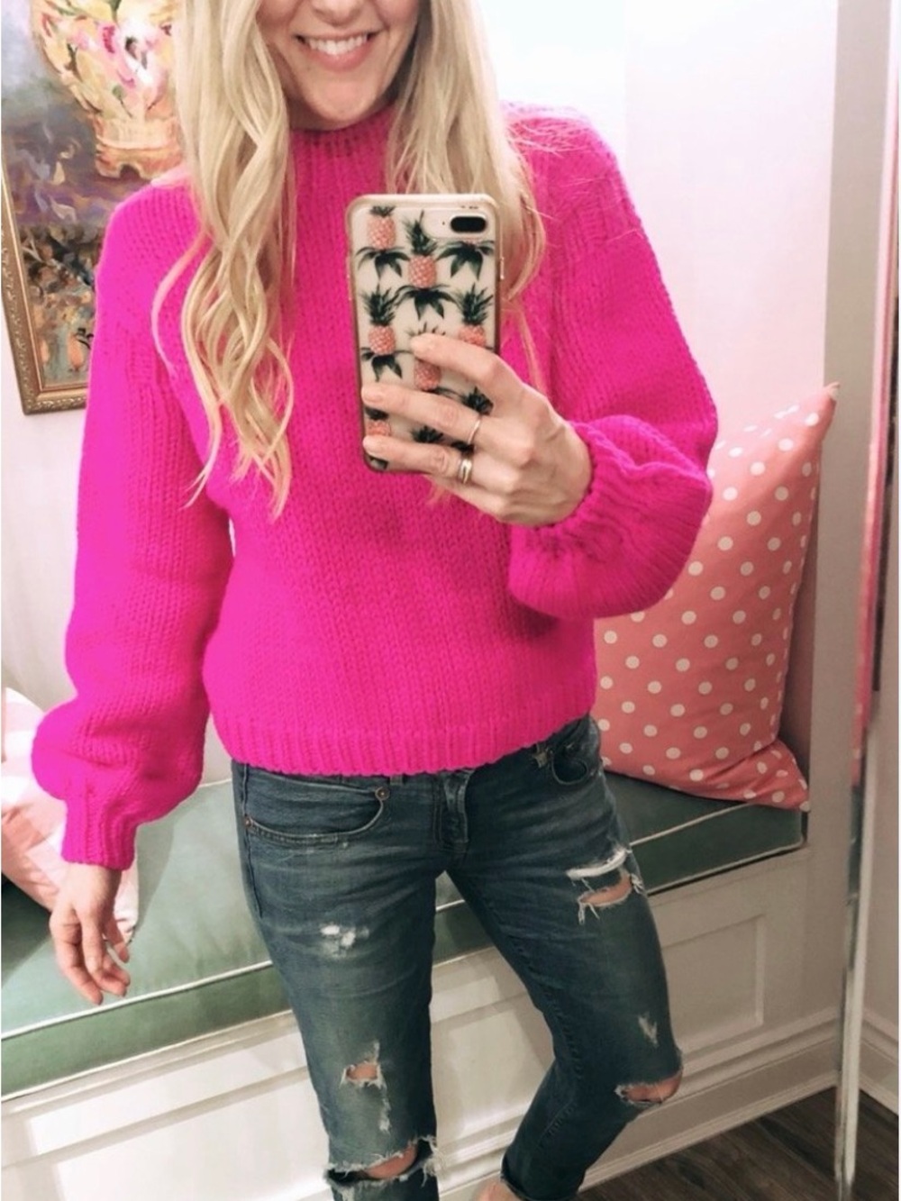 Ulla Johnson Rhea Bright Pink thick knit Crewneck Sweater